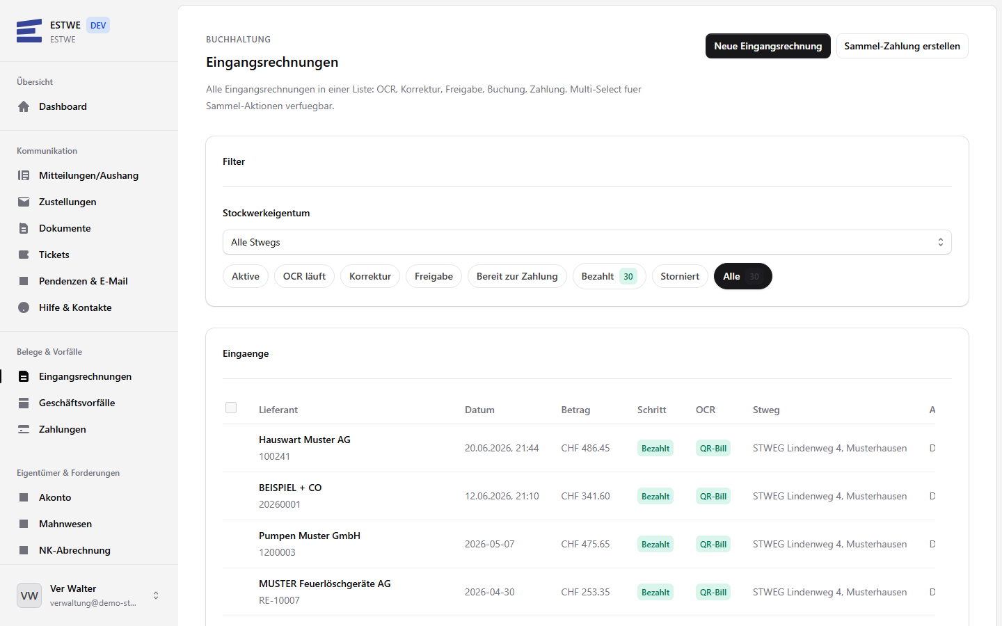 ESTWE Portal: Eingangsrechnungen mit Pipeline-Stationen von OCR über Freigabe bis Zahlung