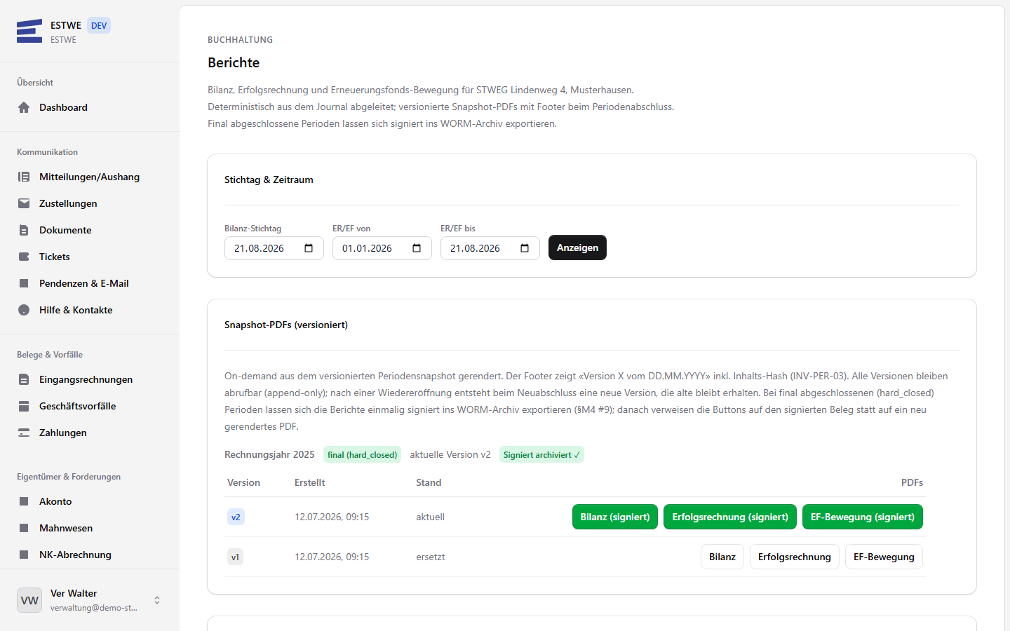 ESTWE Portal: Berichte mit versionierten Snapshot-PDFs und signiertem WORM-Export der Jahresrechnung