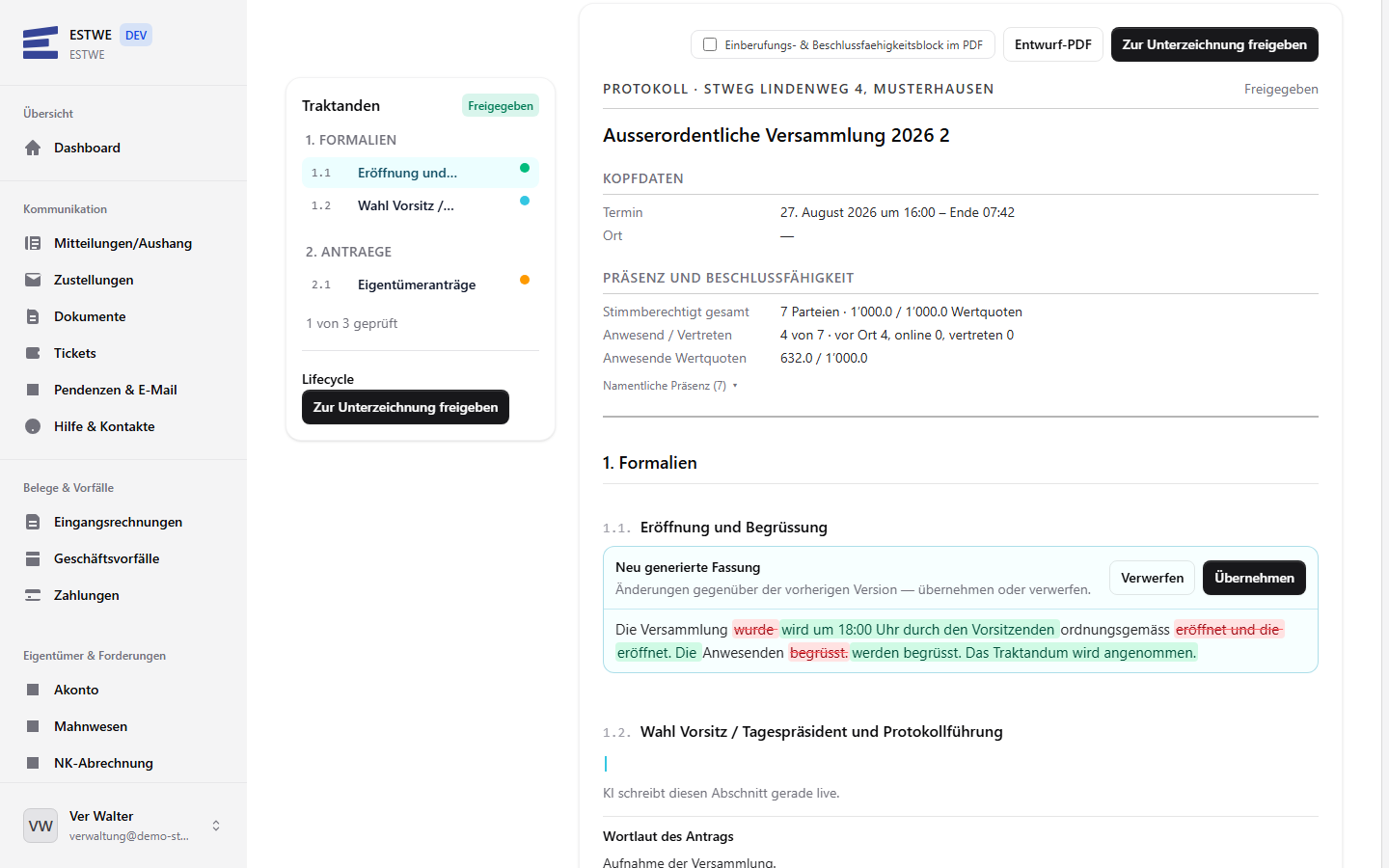 ESTWE Portal: Protokoll-Workspace mit Beschlussfähigkeit nach Wertquoten, KI-Protokollentwurf und Diff-Vorschlag zum Übernehmen oder Verwerfen